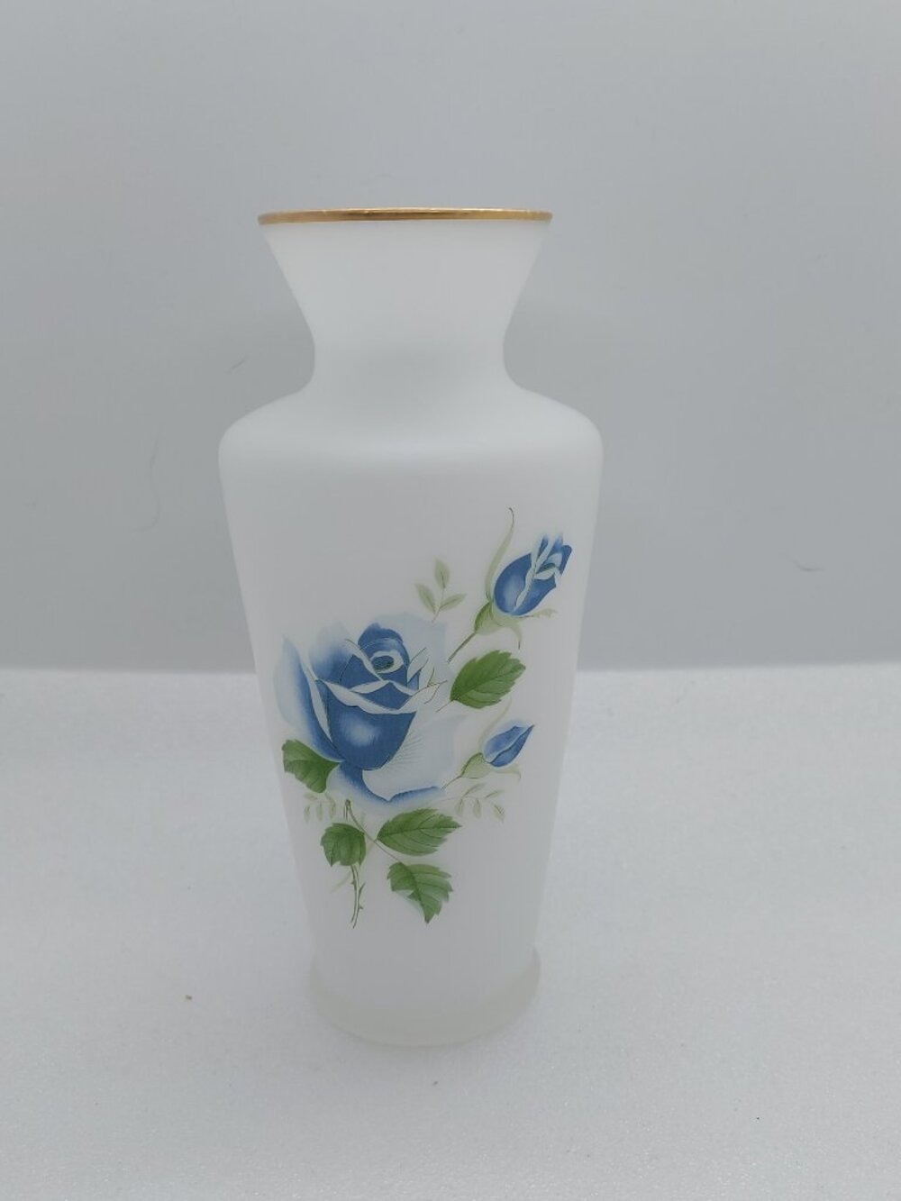 White Frosted Glass 7" Vase Blue Rose Design Gold Trim